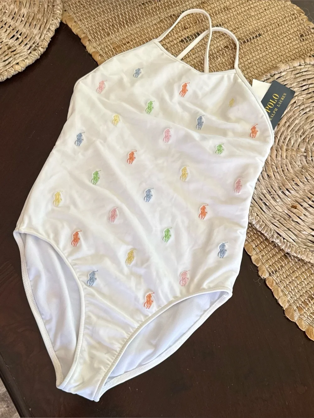 NWT Polo Ralph Lauren Girls White Colorful All Over Pony One Piece Swimsuit